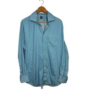 Peter Millar Mens Shirt 17 Blue White Stripe Button Up Long Sleeve Seersucker